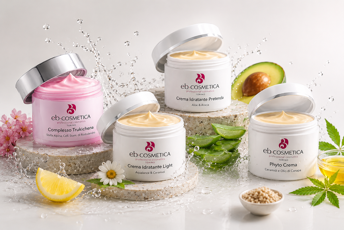 Linea completa di creme viso professionali EB Cosmetica per idratazione, nutrimento, rigenerazione e trattamento anti-età della pelle.