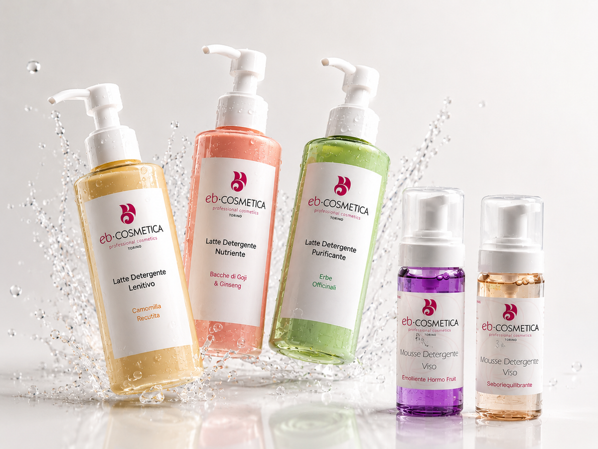 Linea completa di detergenti viso professionali EB Cosmetica con latte detergente lenitivo, neutro, nutriente, purificante e lozione tonica struccante per la pulizia quotidiana della pelle.