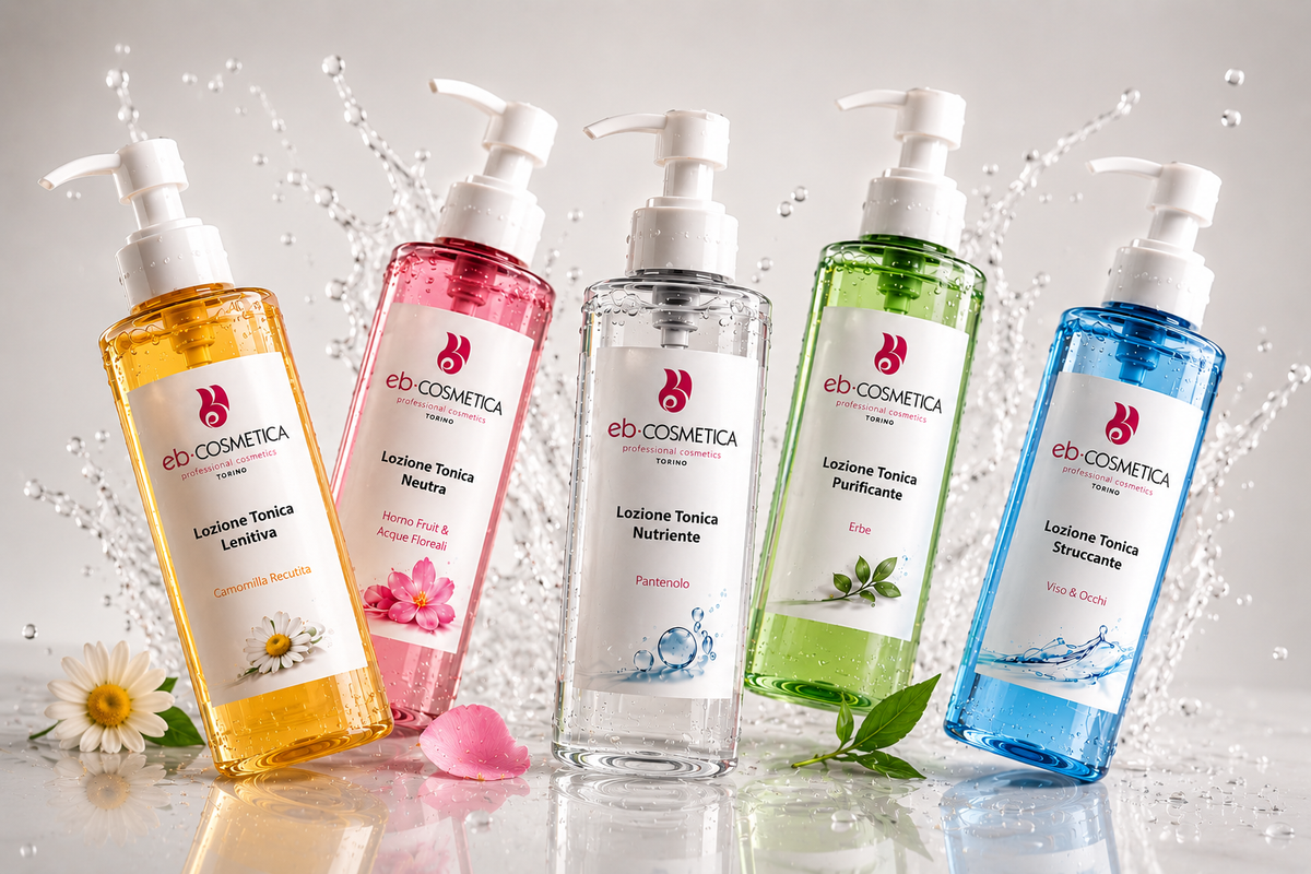 Linea completa di lozioni toniche viso professionali EB Cosmetica con formulazioni lenitive, nutrienti, purificanti, neutre e struccanti per riequilibrare e tonificare la pelle.