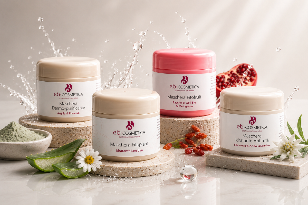 Linea completa di maschere viso professionali EB Cosmetica per trattamenti idratanti, purificanti, rigeneranti e anti-età.