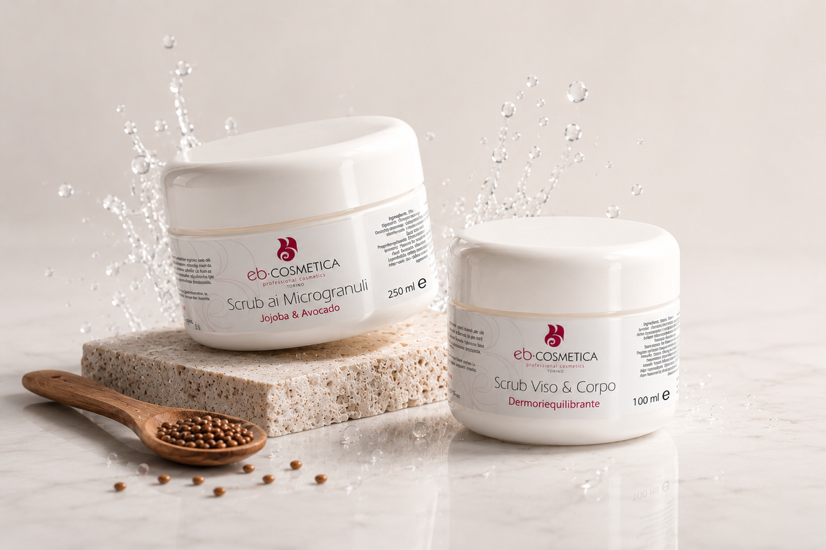 Scrub viso professionali EB Cosmetica con jojoba, avocado ed effetto dermoriequilibrante per esfoliazione e rinnovo della pelle.