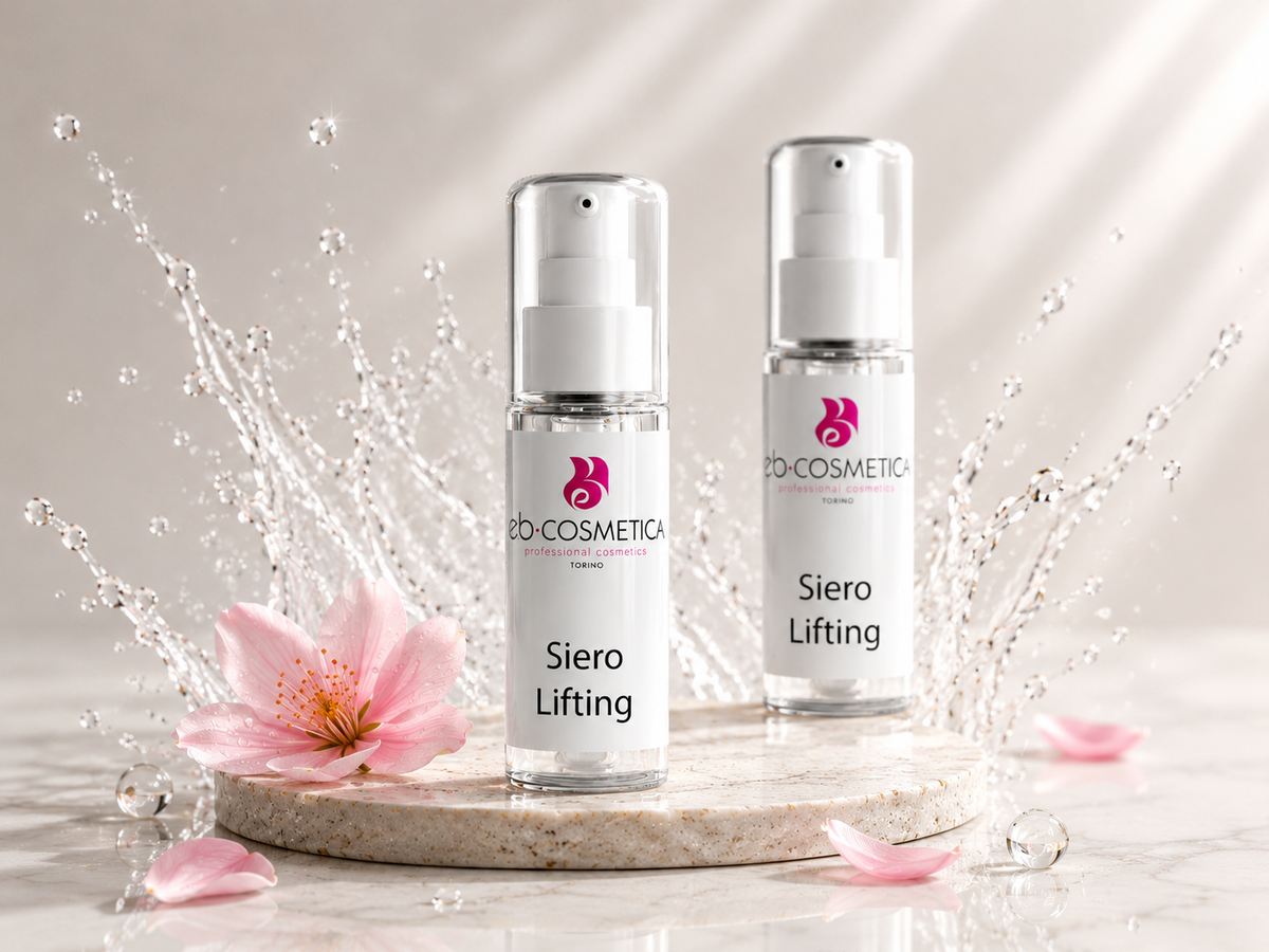 Siero lifting viso professionale EB Cosmetica con effetto rassodante e anti-età, in flacone airless con composizione elegante e moderna.